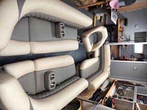 Custom Pontoon Upholstery This pontoon was redesigned and has sew foam added underneath for added plush look and comfort. This job had ripped vinyl everywhere and the 